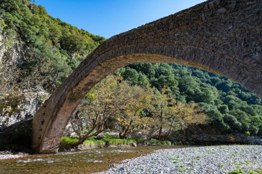 Yunanistan 'ın orta kesimindeki Agrafa dağlarındaki tarihi Viniani taş köprüsünün manzarası