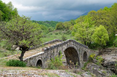 Yunanistan 'ın Sprin kentindeki Epirus kentindeki geleneksel Greci Taş Köprüsü manzarası