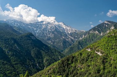İlkbaharda Yunanistan 'ın en yüksek dağı olan Olimpos Dağı' nın manzarası
