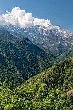 İlkbaharda Yunanistan 'ın en yüksek dağı olan Olimpos Dağı' nın manzarası