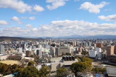 Kumamoto, Japan - January 25, 2023: Landscape of Kumamoto city from Kumamoto castle. Kumamoto is the capital city in Kyushu, Japan.
