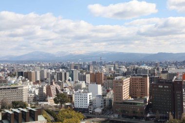 Kumamoto, Japan - January 25, 2023: Landscape of Kumamoto city from Kumamoto castle. Kumamoto is the capital city in Kyushu, Japan.