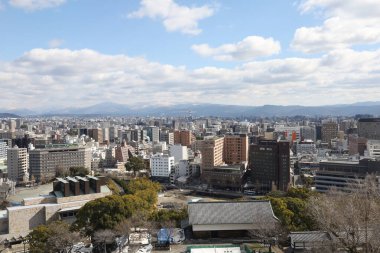 Kumamoto, Japan - January 25, 2023: Landscape of Kumamoto city from Kumamoto castle. Kumamoto is the capital city in Kyushu, Japan.