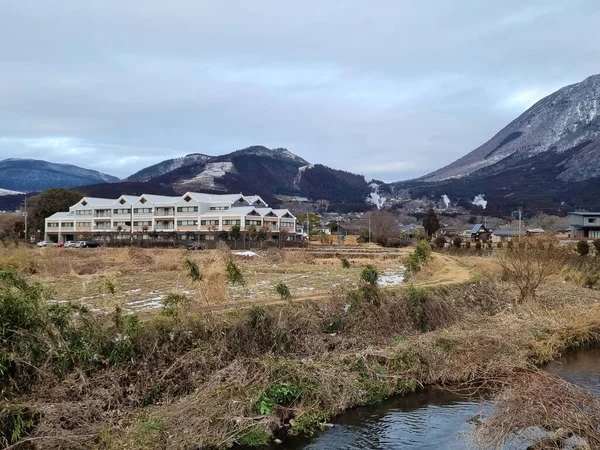 View Landscape Yufuin Village Winter Snow Fall — Foto de Stock