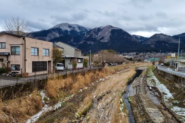 View of landscape Yufuin village in the winter after snow fall