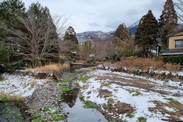 stock image View of landscape Yufuin village in the winter after snow fall