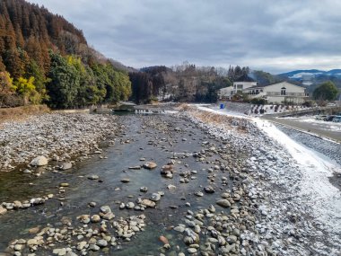 View of landscape Yufuin village in the winter after snow fall 