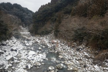 View of landscape Yufuin village in the winter after snow fall