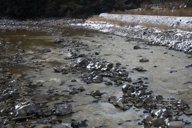 View of landscape Yufuin village in the winter after snow fall