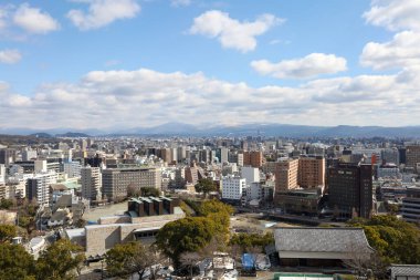 Kumamoto, Japan - January 25, 2023: Landscape of Kumamoto city from Kumamoto castle. Kumamoto is the capital city in Kyushu, Japan.