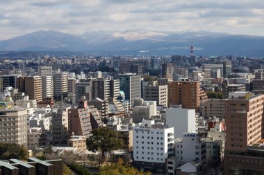 Kumamoto, Japan - January 25, 2023: Landscape of Kumamoto city from Kumamoto castle. Kumamoto is the capital city in Kyushu, Japan.
