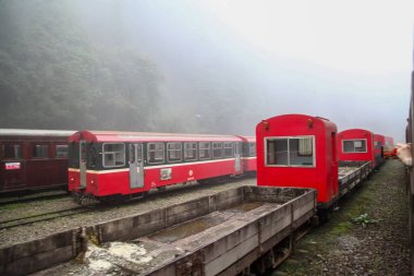 Alishan, Tayvan-14 Ekim 2018: Sisli bir günde Alishan Dağı, Tayvan 'daki alishan tren istasyonunda kırmızı tren durağı.