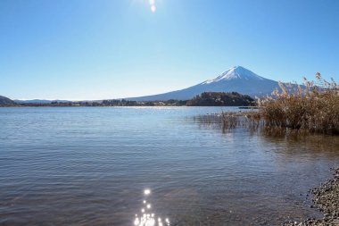 Kışın Kawaguchi Gölü 'nde Fuji Dağı manzarası