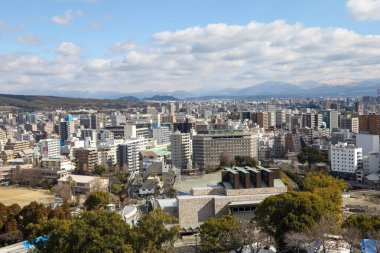 Kumamoto, Japan - January 25, 2023: Landscape of Kumamoto city from Kumamoto castle. Kumamoto is the capital city in Kyushu, Japan.