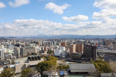 Kumamoto, Japan - January 25, 2023: Landscape of Kumamoto city from Kumamoto castle. Kumamoto is the capital city in Kyushu, Japan.