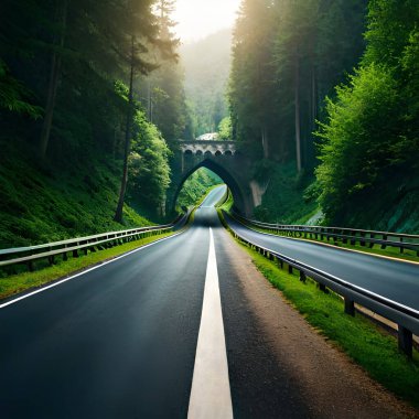 Uzun ağaçlarla çevrili tarihi bir geçidi olan bir orman yolu. Gün batımı ve hava açık..