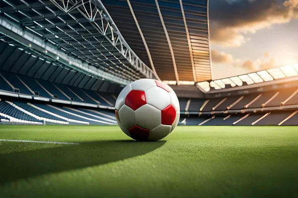 stock image There is a football ball in the middle of a football stadium. It's sunset and a close-up shot.