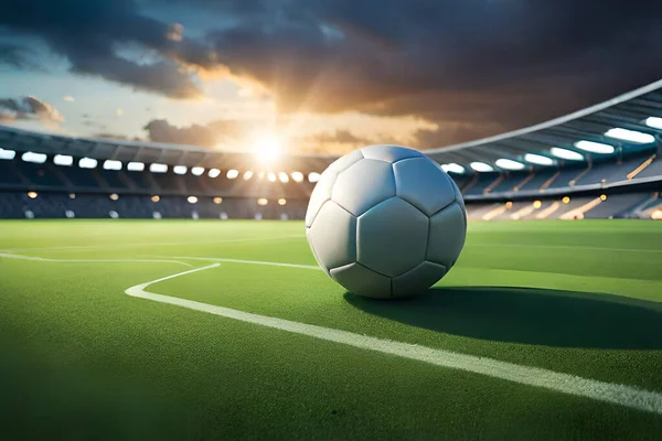 Υπάρχει Μια Μπάλα Ποδοσφαίρου Στη Μέση Ενός Ποδοσφαιρικού Σταδίου Είναι Εικόνα Αρχείου