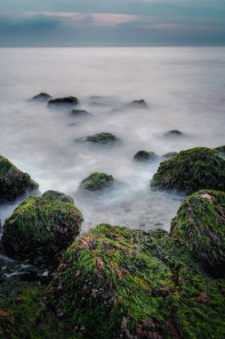 Kuzey Denizi kıyıları gece ışığı ve uzun süre maruz kaldığında batan güneşin altında tuğlalar ve taşlar deniz suyuna, hareket eden göle ve kıyıda köpüren dalgalara yayılır..