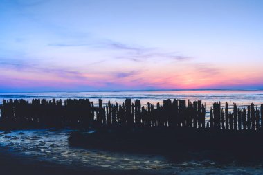 Wadden Denizi 'nin güzel çamurlu uçakları UNESCO' da gün batımı manzarası. Hollanda 'daki Dünya Mirası Bölgesi