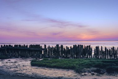 Wadden Denizi 'nin güzel çamurlu uçakları UNESCO' da gün batımı manzarası. Hollanda 'daki Dünya Mirası Bölgesi