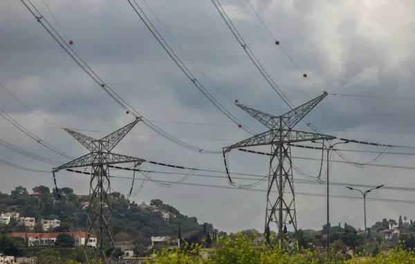Poste Eléctrico Con Cables Contra Cielo Dramático Israel — Foto de Stock
