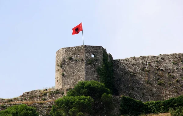 Shkoder Arnavutluk Haziran 2023 Arnavutluk Ulusal Bayrağı Eski Şkodra Kalesi — Stok fotoğraf
