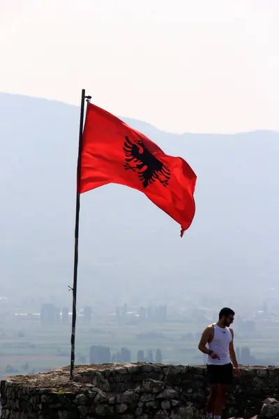 Shkoder Albania June 2023 Albania National Flag Waving Tower Old — Stock Photo, Image