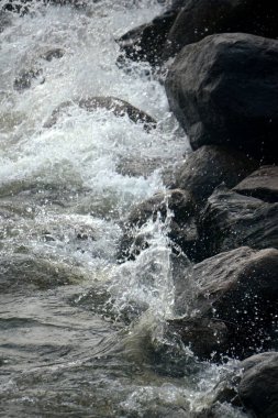 Deniz suyu kıyıdaki siyah kayalara sıçrar.                               