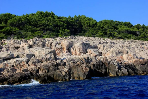 Hırvatistan 'ın Dubrovnik kenti yakınlarındaki Adriyatik Denizi' ndeki Lokrum adası. Adriyatik Denizi 'nin güzel mavi suları ön planda