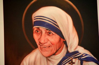 Shkoder, Albania - june 24, 2023: Portrait of Madre Teresa di Calcutta, Mother Teresa in St. Stephen`s Cathedral, Shkoder, Albania clipart