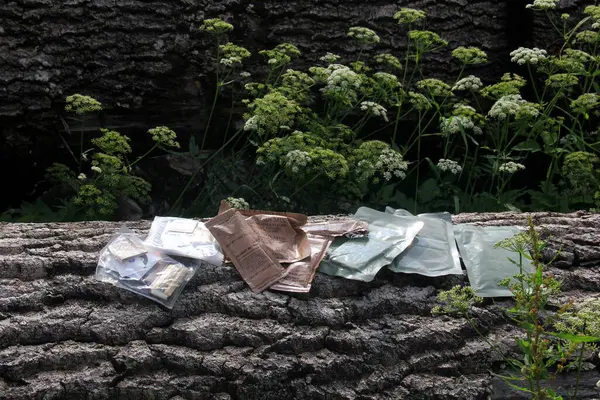 stock image Riga, Latvia, - 23 June 2024 : Several Individual Food Rations for USA soldiers. Pack of Meal, Ready to Eat (MRE) food, USA army military food kit on tree bark background