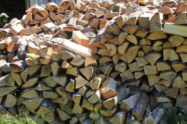 Dışarıda yakacak odun yığını var. Ahşap kütüklerin arkaplanı