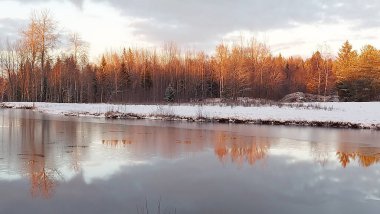 Kış sahnesinde suda yansımalar ve ağaçta günbatımı rengi. Kış boyunca mavi bulutlu gökyüzüne karşı donmuş ağaçlar.