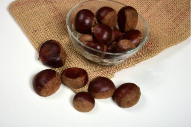 Beyaz arka planda yenilebilir tatlı kestaneler. Taze yenilebilir kestaneler (Castanea sativa).