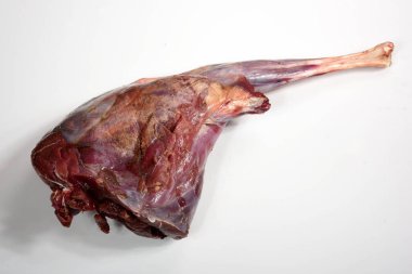 Geyiğin saf arka bacağı beyaza izole edilmiş. Derisi olmayan çiğ geyik bacağı