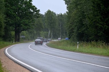 Yazın Letonya 'da asfalt orman yolu manzarası