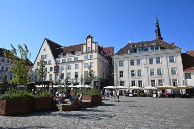 Tallinn, Estonya - 19 Temmuz 2025 Tallinn Old Town. Şehirde dinlenen insanlar.