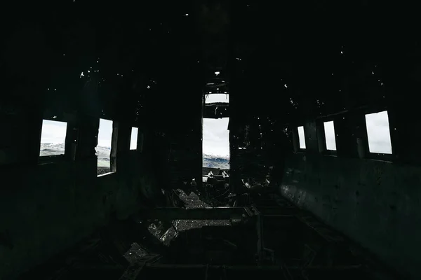 在冰岛失事飞机的机舱从里面看 — 图库照片