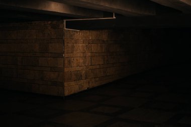 Karanlık tonlarda bir yeraltı yaya geçidi perspektifi azalıyor.