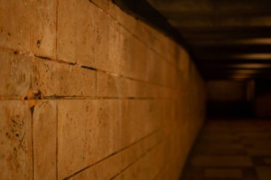 Karanlık tonlarda bir yeraltı yaya geçidi perspektifi azalıyor.