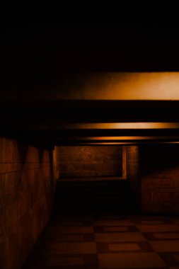 Kiremitlere sarı ışık saçan birkaç küçük lambayla aydınlatılan gölgeli bir karanlık tünel. Bir yeraltı yaya geçidi.