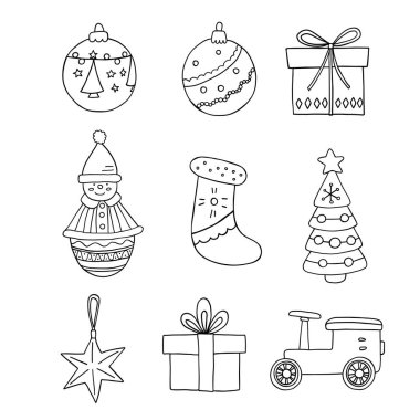 Noel oyuncakları şirin karalama vektörü seti. El çizimi illüstrasyon