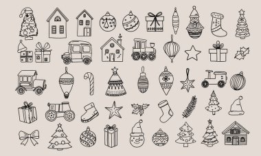 Bir sürü Noel karalama elementi. Vektör