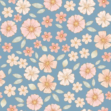 Açık mavi üzerine küçük el çizilmiş pembe çiçekler.