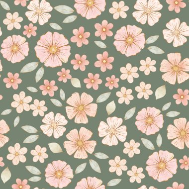 Yeşil adaçayı üzerine küçük el çizilmiş pembe çiçekler.