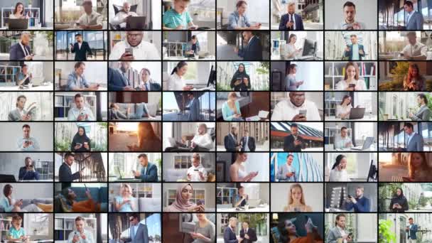 Collage Many Different People Using Smartphone Devices Set Collection Many — Vídeo de stock