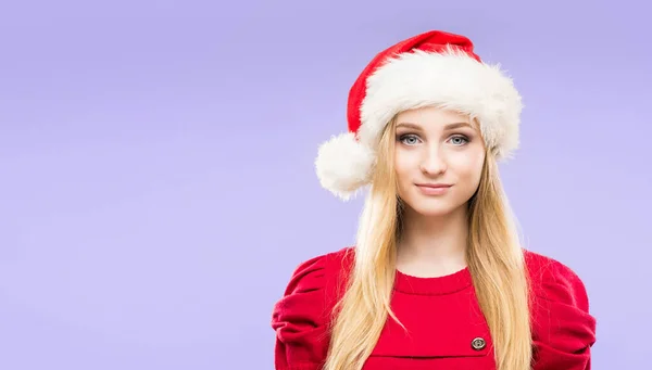 Portré Fiatal Gyönyörű Csinos Lányról Télapó Kalapban Karácsony Koncepció — Stock Fotó