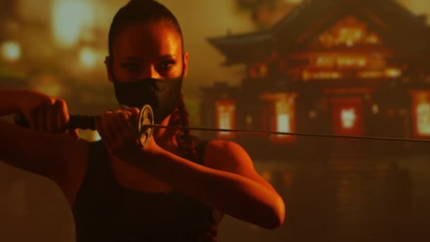 Jong Mooi Ninja Meisje Met Een Masker Een Katana Samurai — Stockvideo