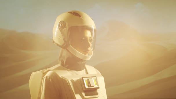 Woman Astronaut Spacesuit Explores Another Planet Young Female Cosmonaut Space — Stock Video